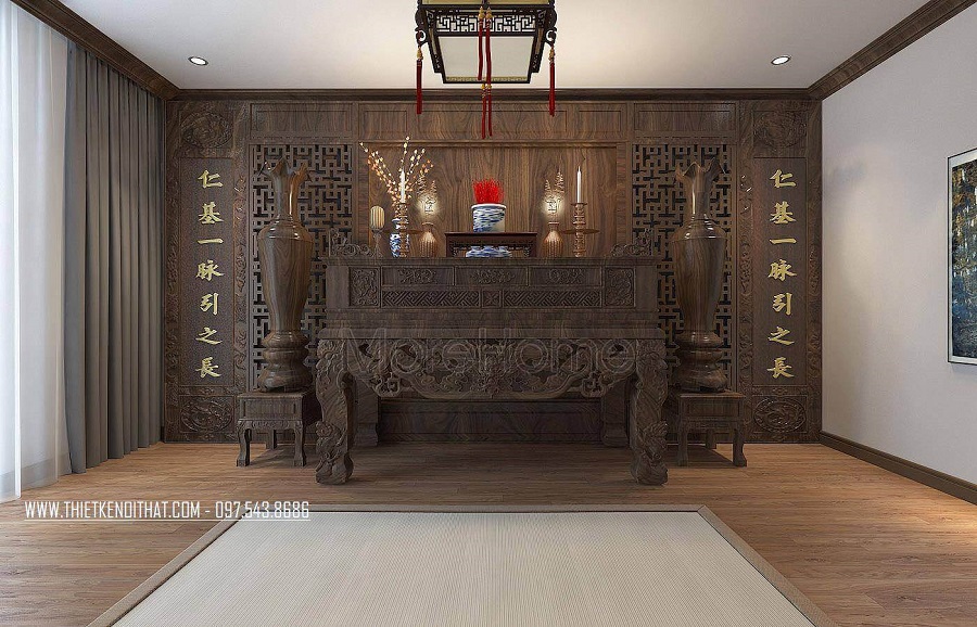 Thiết kế nội thất phòng thờ gỗ óc chó